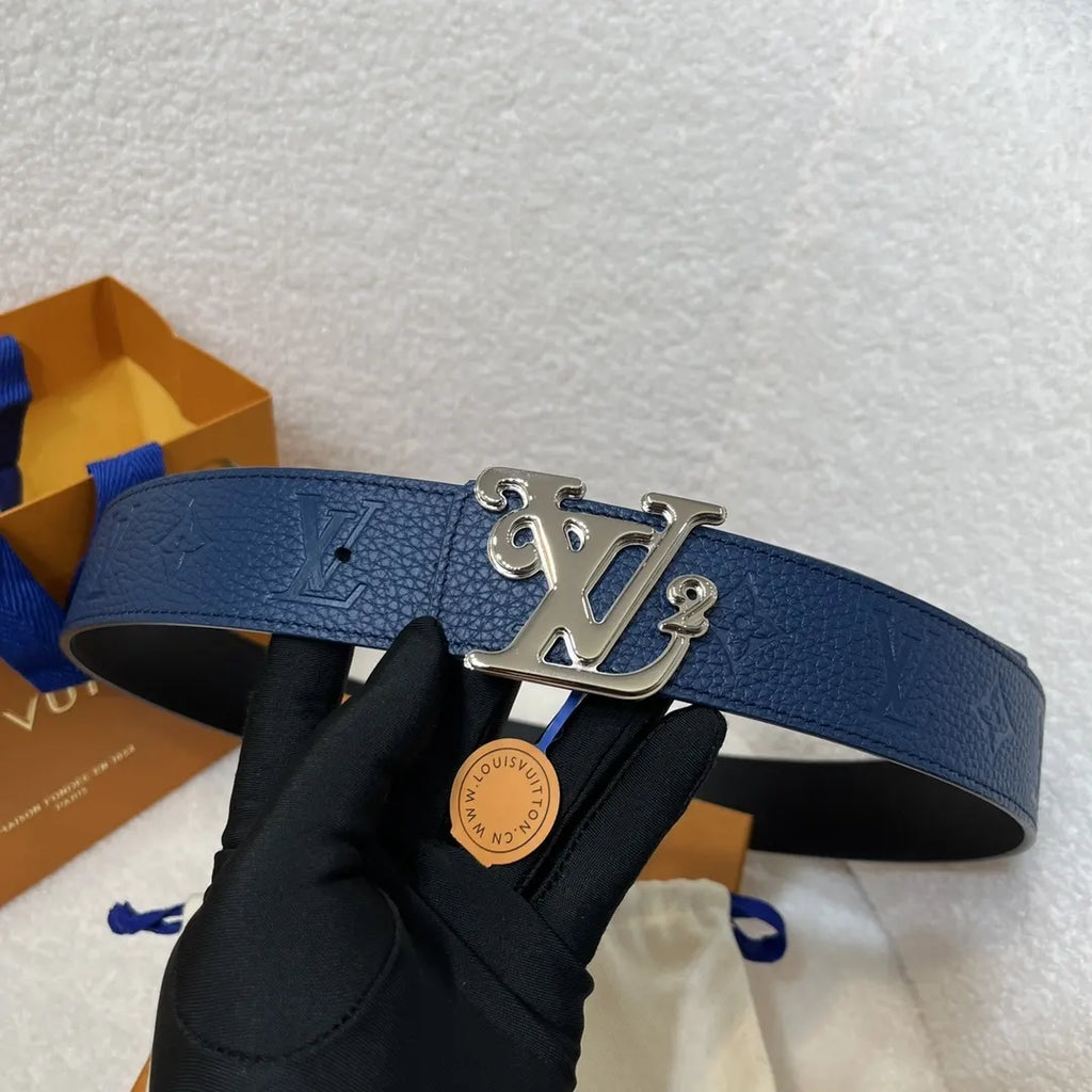 silver Louis Vuitton Blue Leather Belt