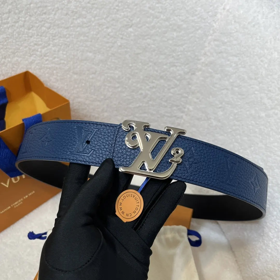 silver Louis Vuitton Blue Leather Belt