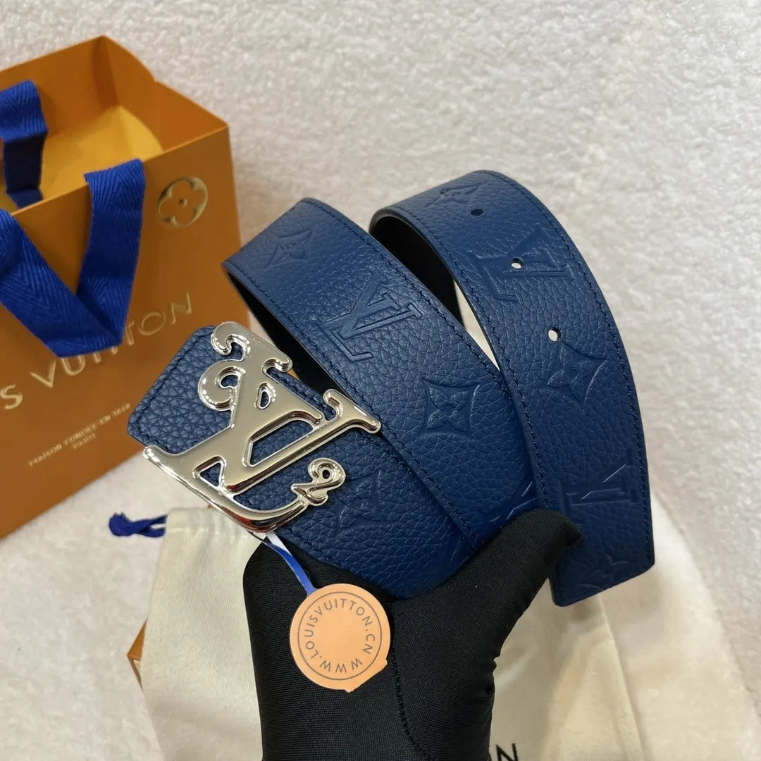 silver Louis Vuitton Blue Leather Belt - Hình 2