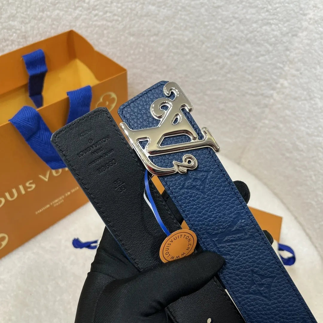 silver Louis Vuitton Blue Leather Belt - Hình 3