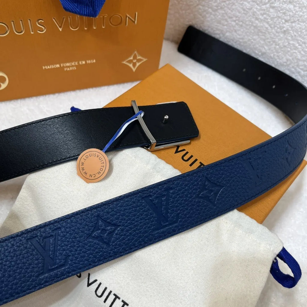silver Louis Vuitton Blue Leather Belt - Hình 4