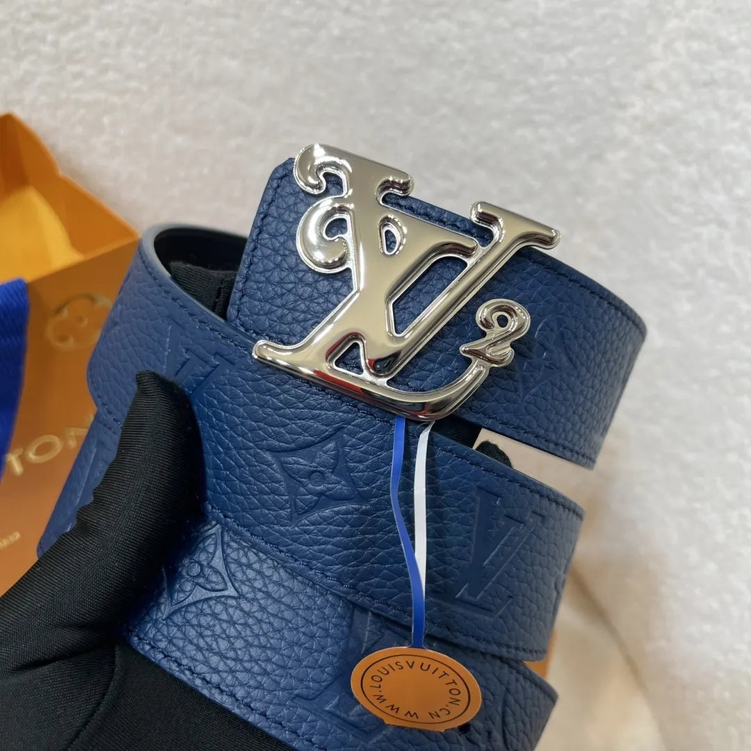 silver Louis Vuitton Blue Leather Belt - Hình 6