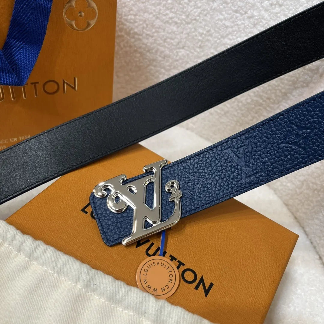 silver Louis Vuitton Blue Leather Belt - Hình 7