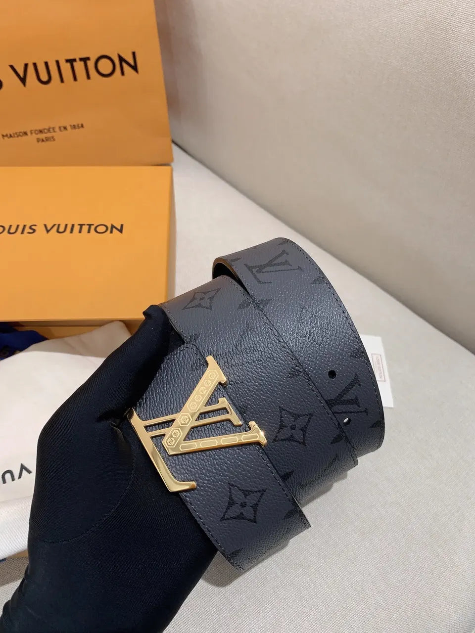 Black Monogram Gold Buckle Belt - Hình 5