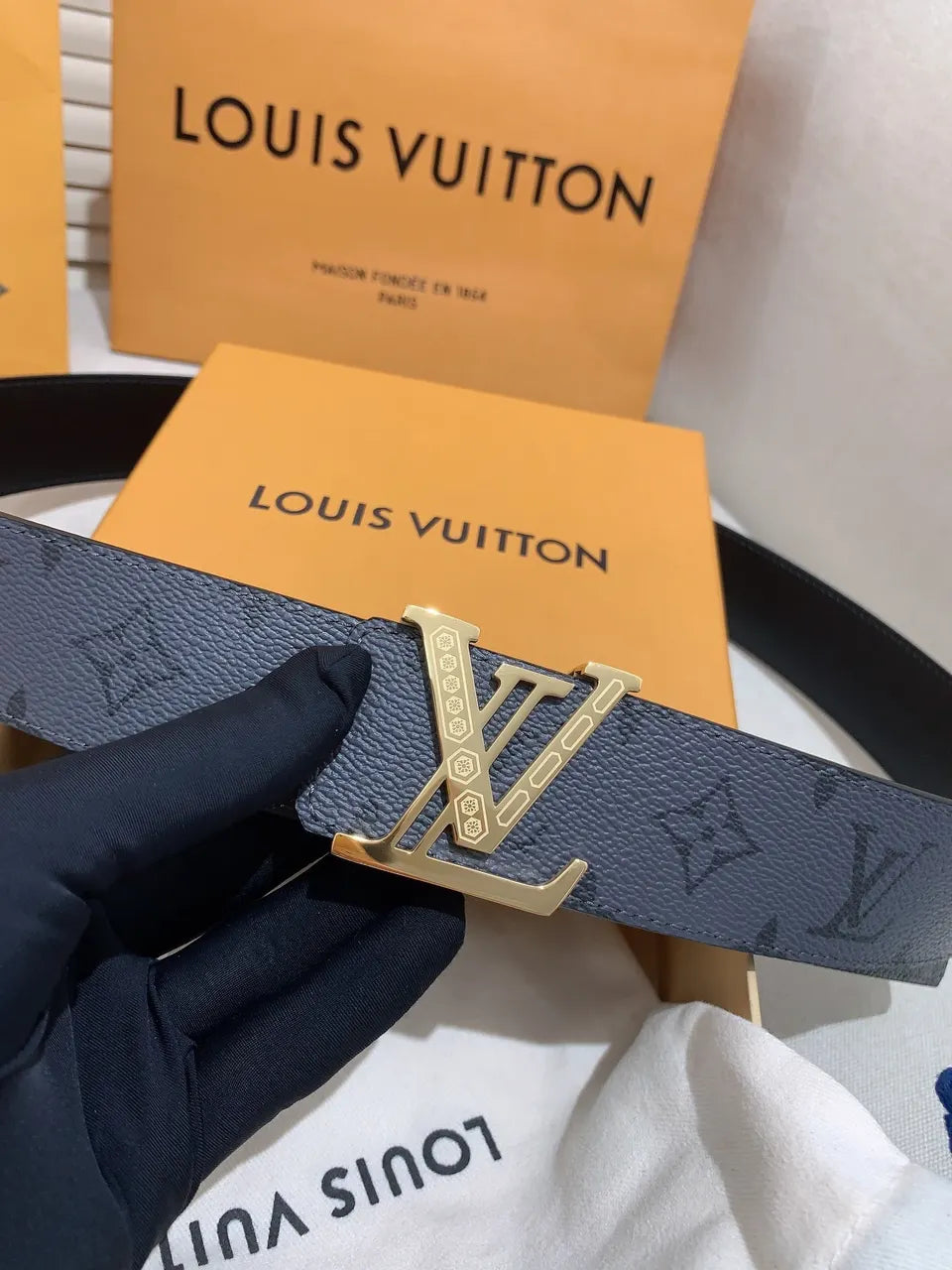 Black Monogram Gold Buckle Belt - Hình 7
