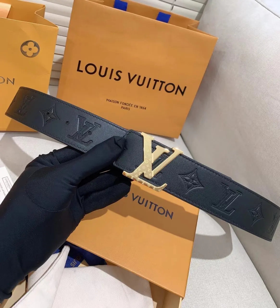 Louis Vuitton Embossed Gold Buckle Belt