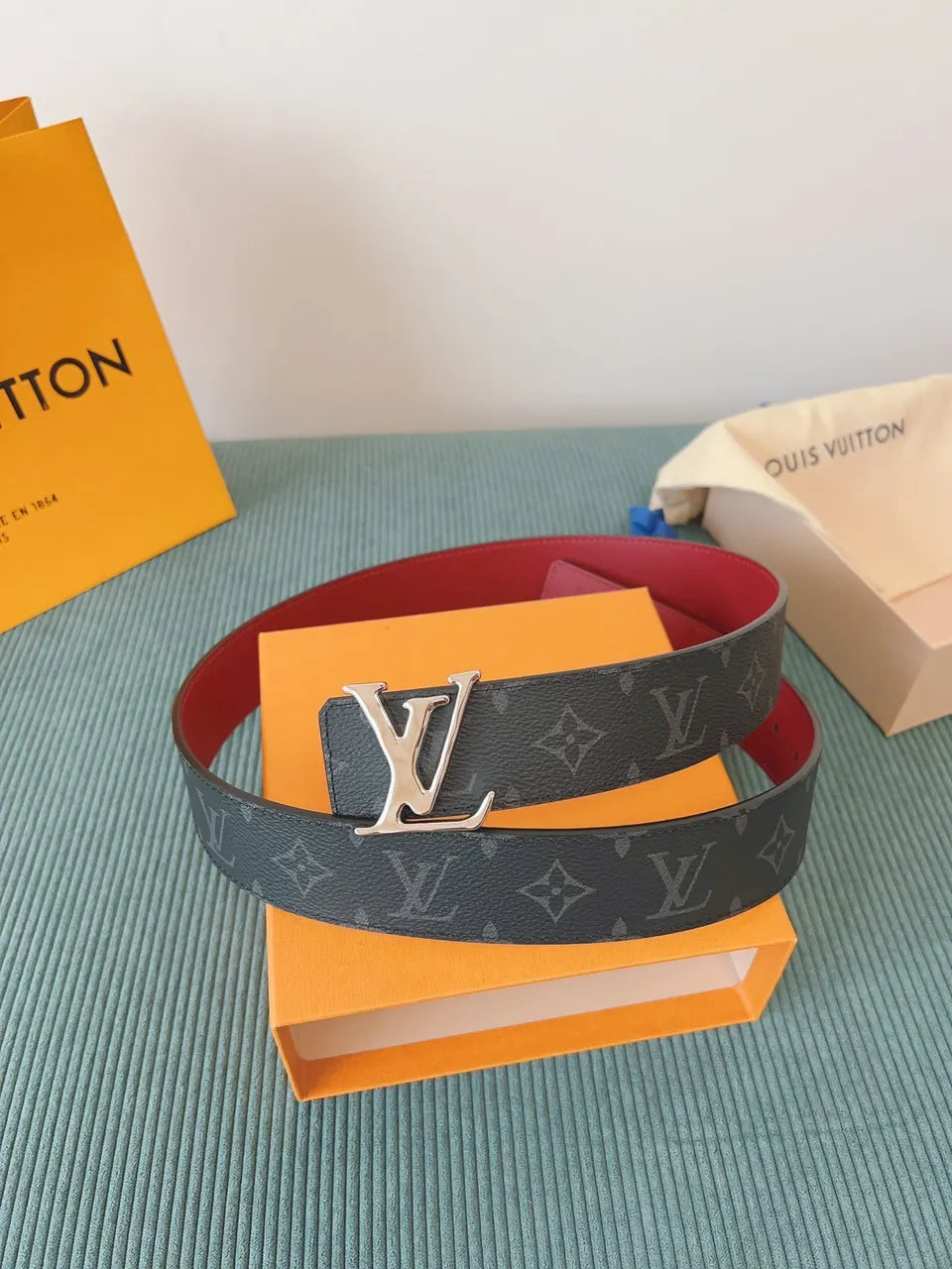 silver Louis Vuitton Grey Monogram Belt - Hình 7