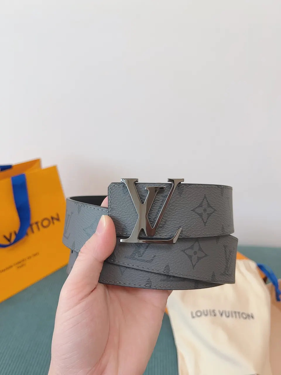silver Louis Vuitton Grey Monogram Belt - Hình 6