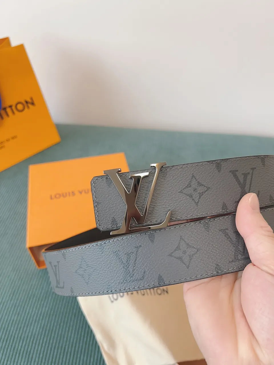 silver Louis Vuitton Grey Monogram Belt - Hình 9