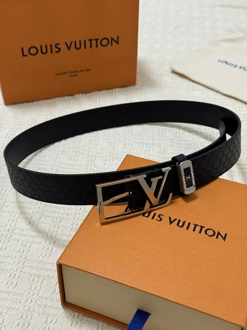LV Black Embossed Leather Belt louis