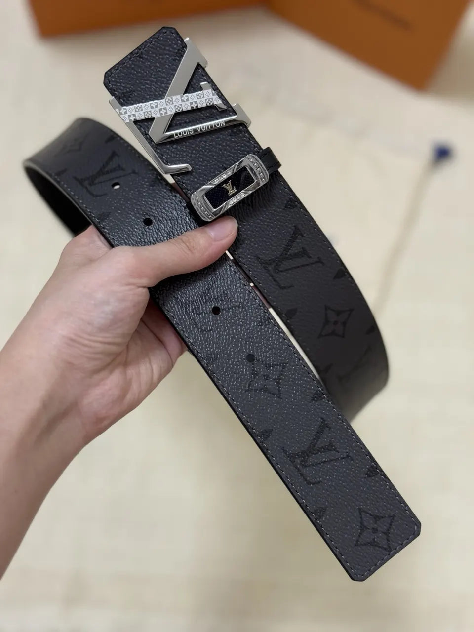 LV Black Monogram Silver Belt - Hình 9