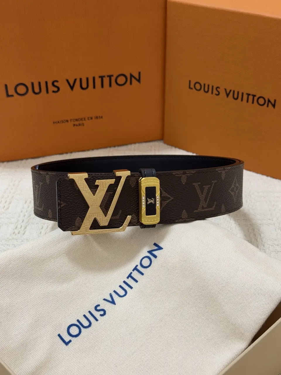 gold Louis Vuitton Brown Monogram Belt - Hình 2