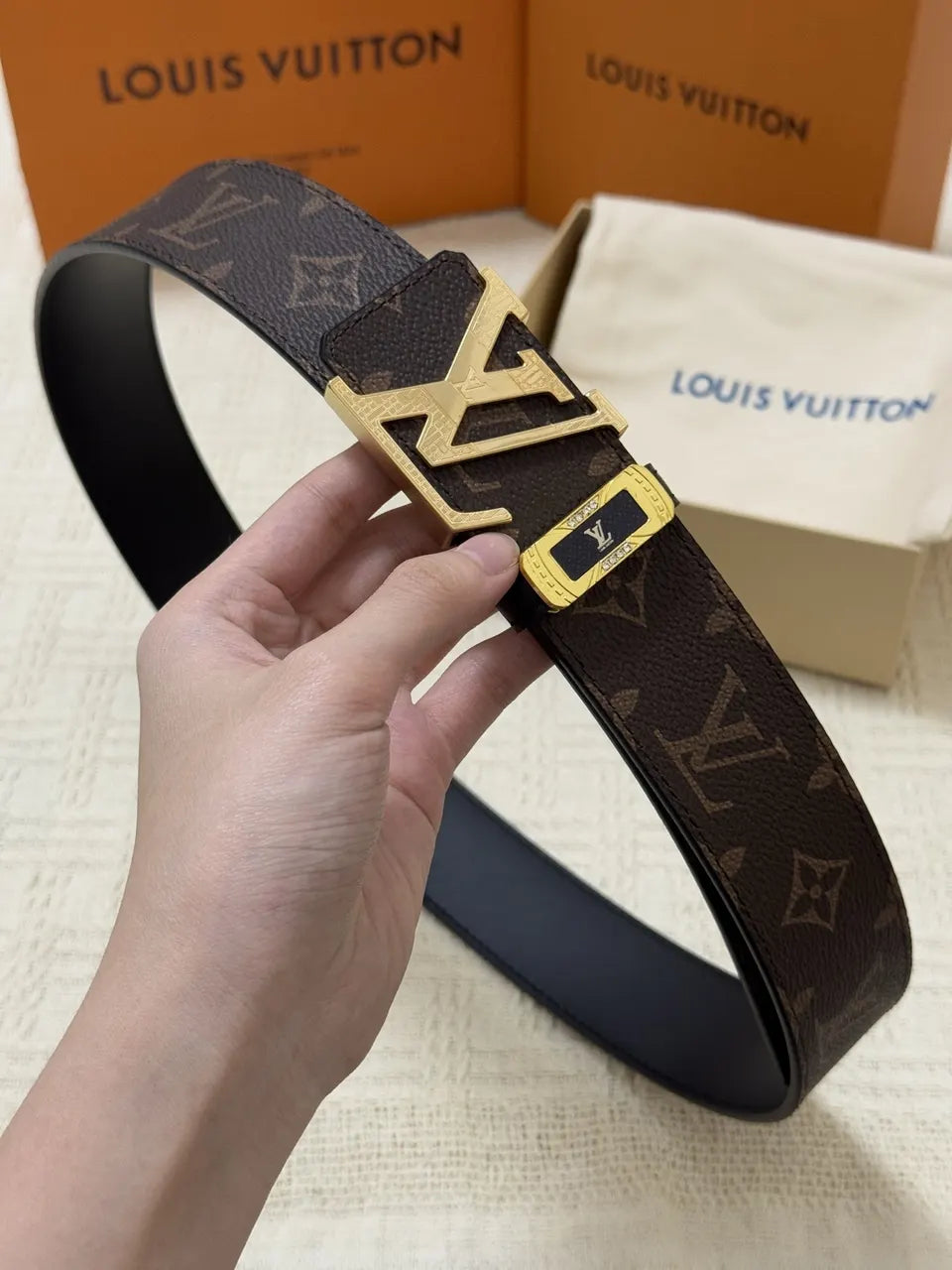 gold Louis Vuitton Brown Monogram Belt - Hình 3