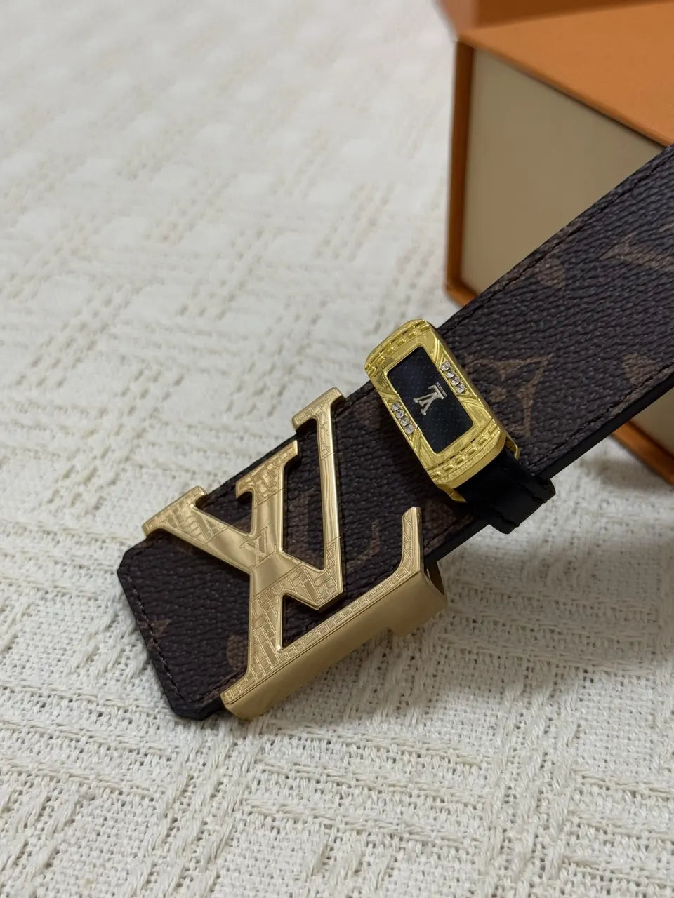 gold Louis Vuitton Brown Monogram Belt - Hình 4