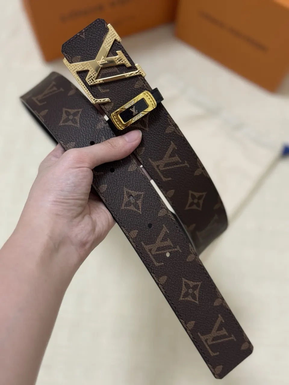 gold Louis Vuitton Brown Monogram Belt - Hình 5