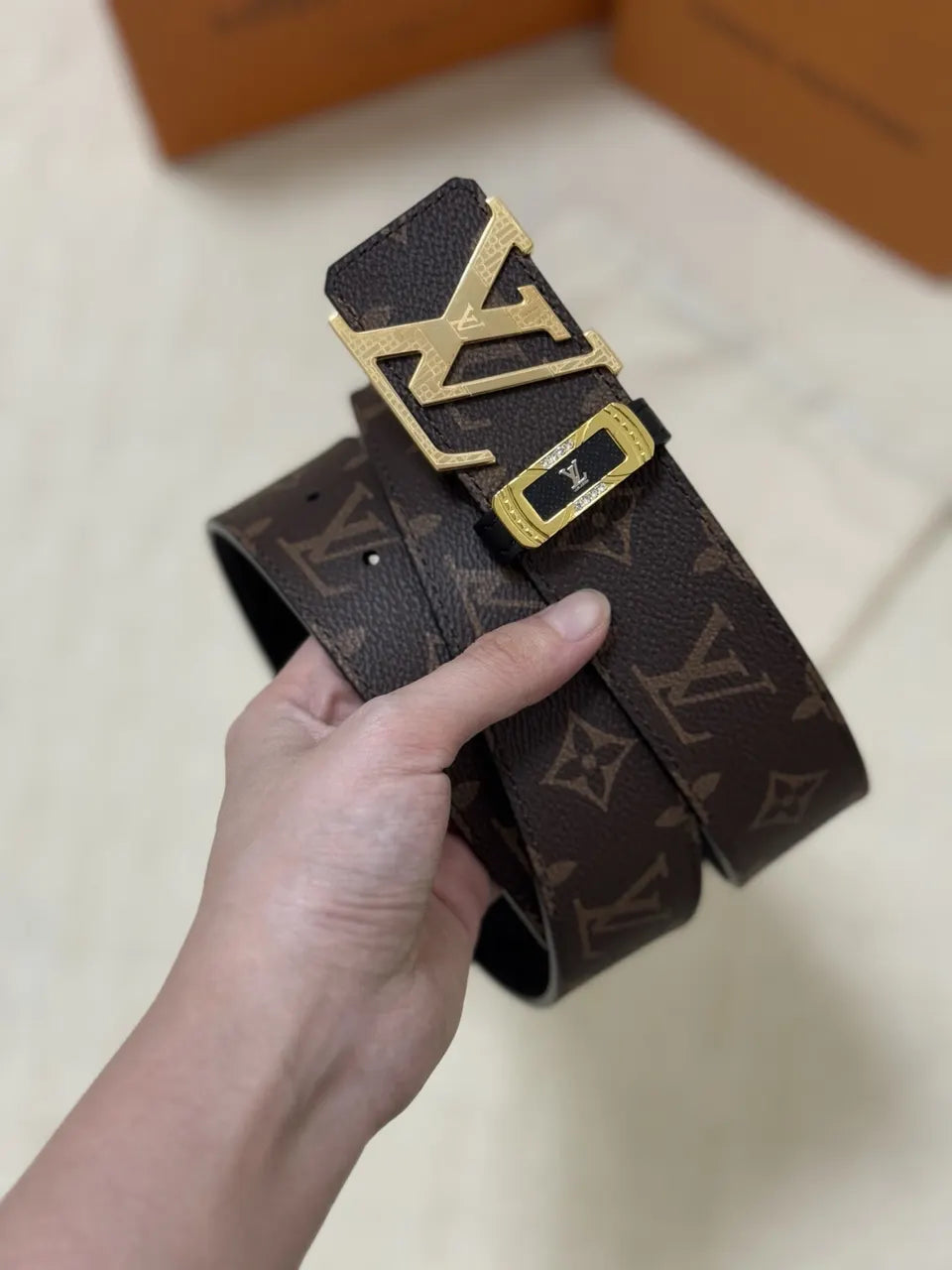 gold Louis Vuitton Brown Monogram Belt - Hình 7