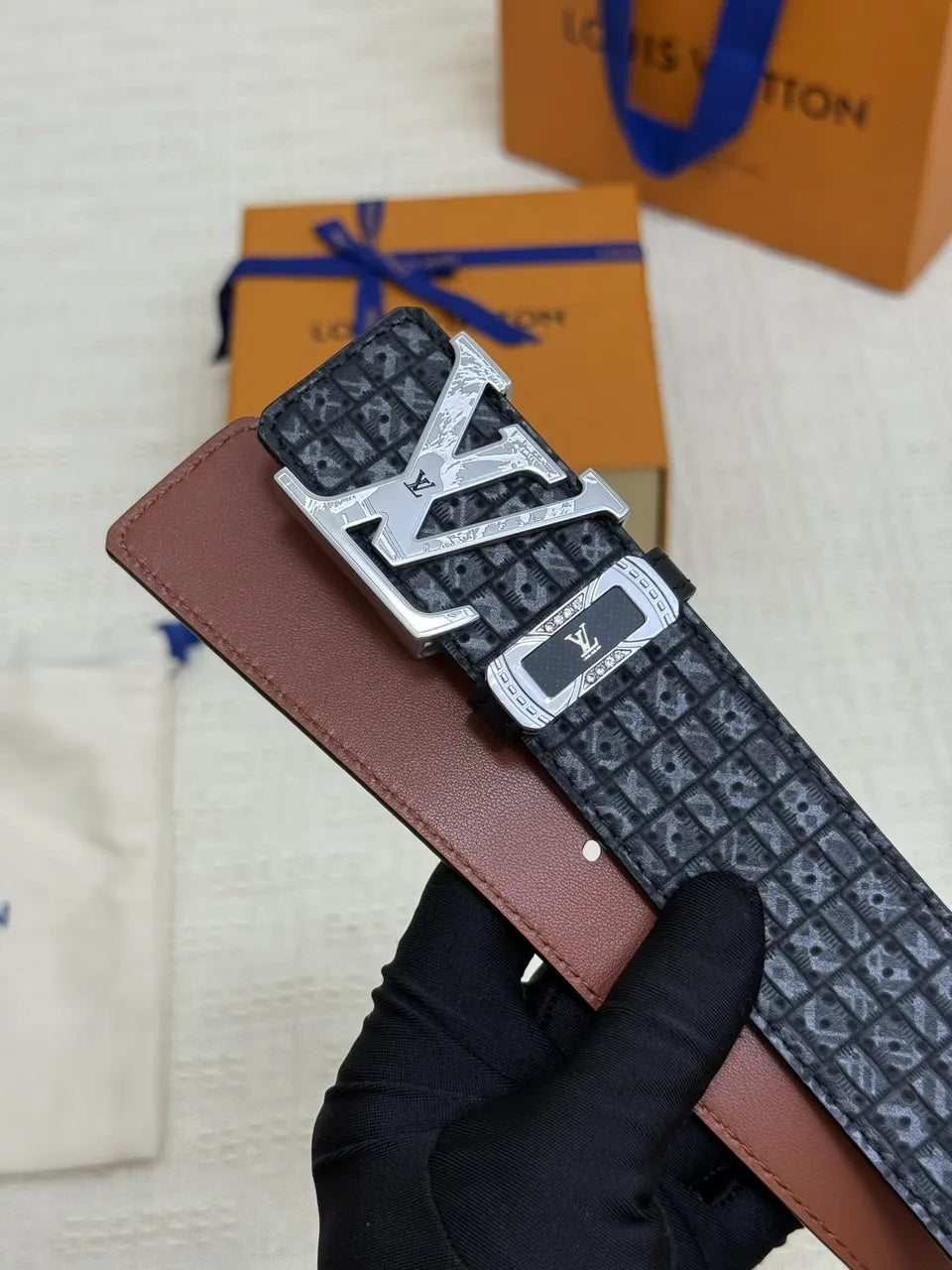 Louis Vuitton Embossed Belt black silver