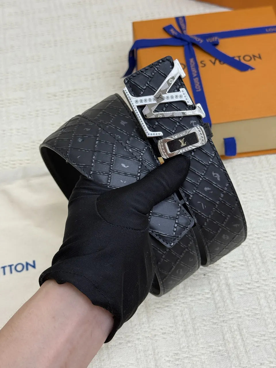 LV Quilted Black Leather Belt