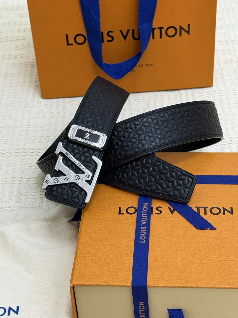 Louis Vuitton Embossed Leather Belt silver