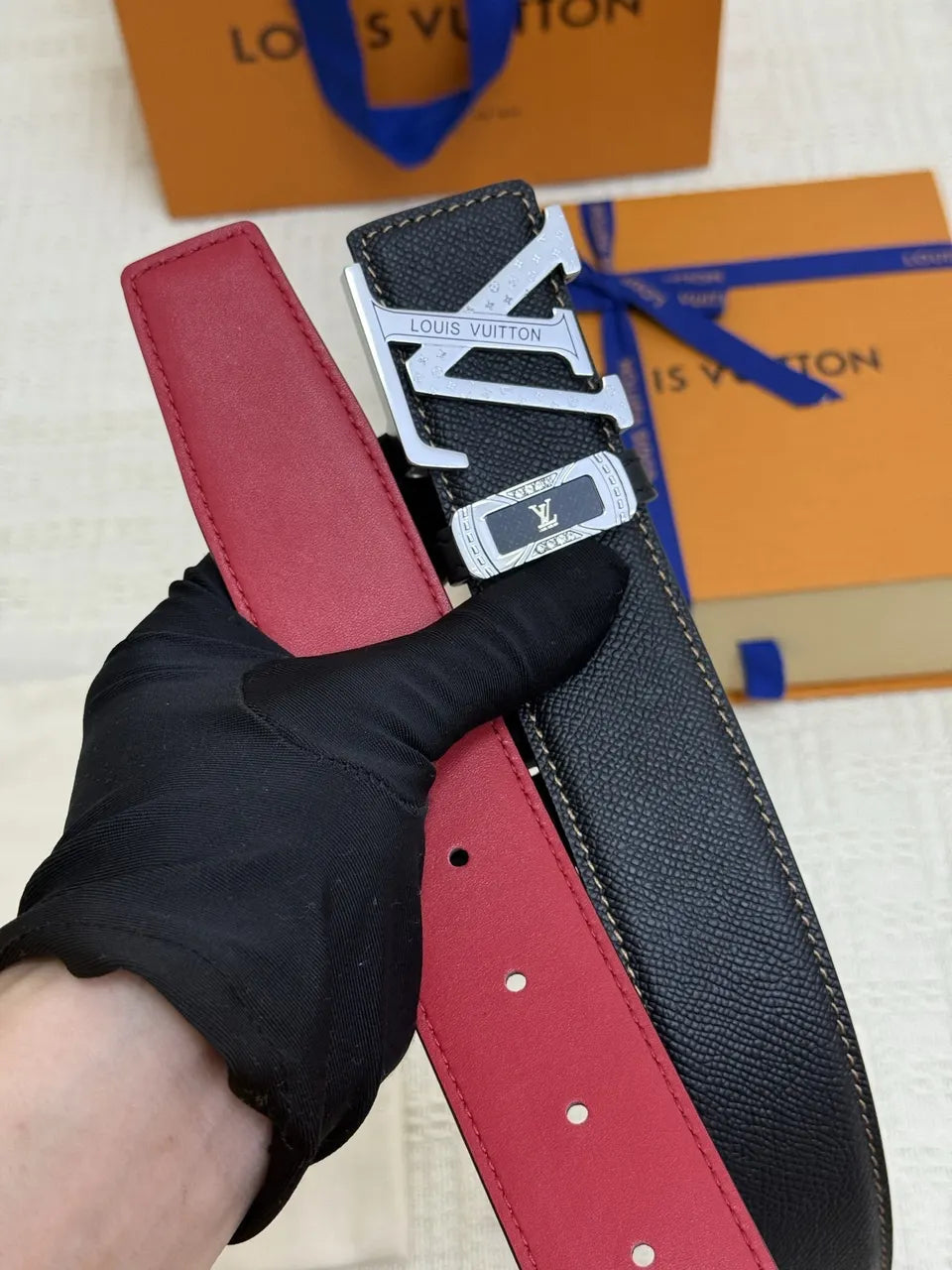 Louis Vuitton Black/Red Leather Belt - Hình 2