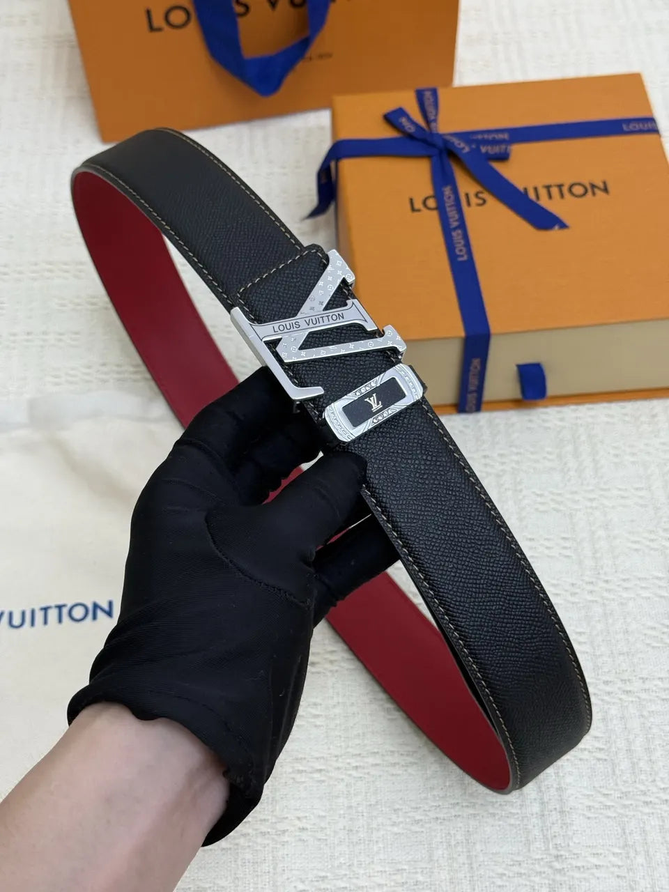 Louis Vuitton Black/Red Leather Belt - Hình 4