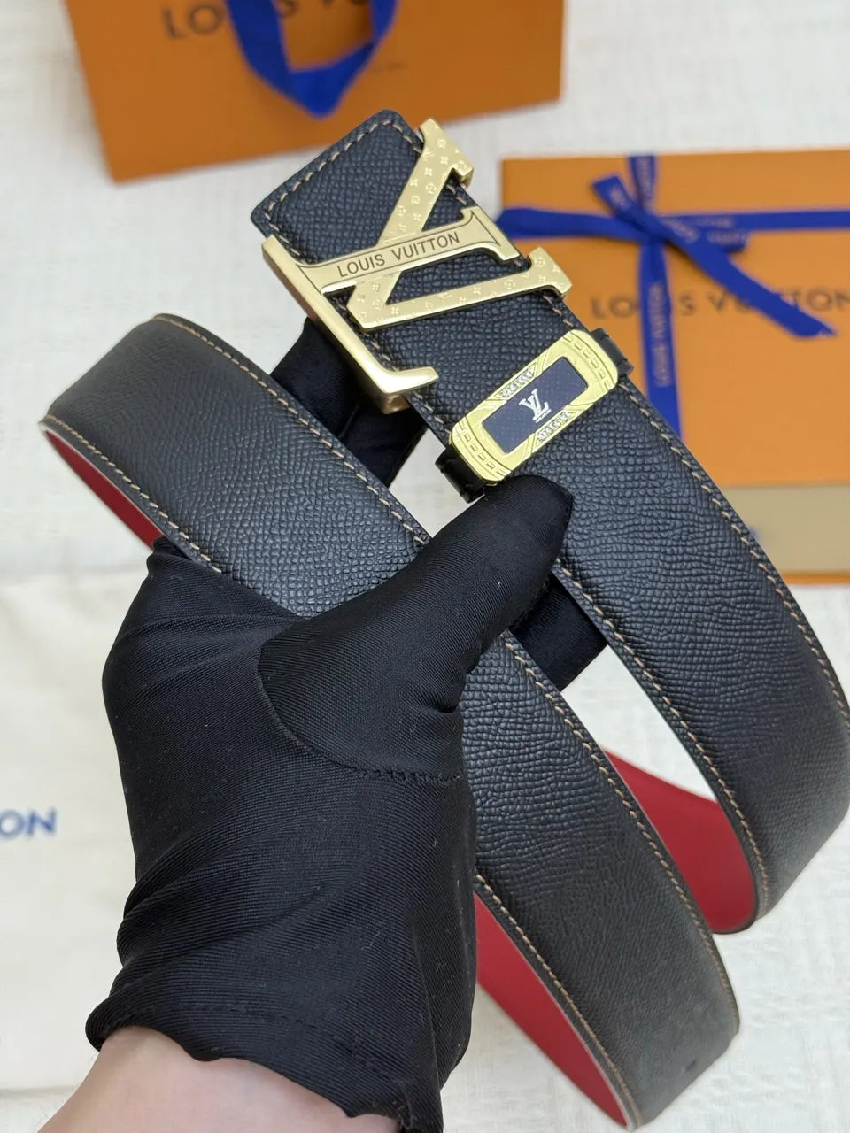 Louis Vuitton Black/Red Leather Belt - Hình 6