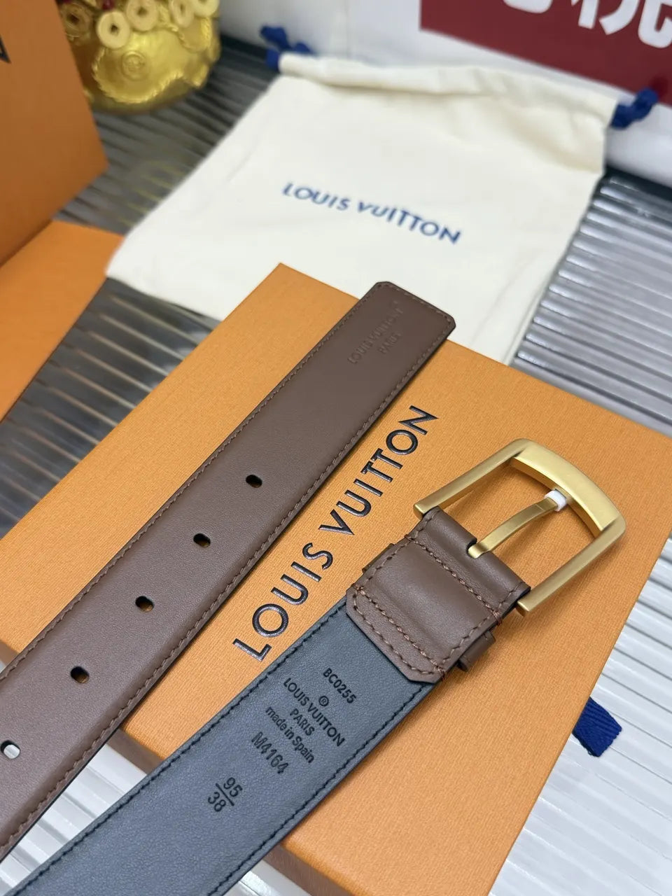 gold buckle Louis Vuitton Brown Leather Belt