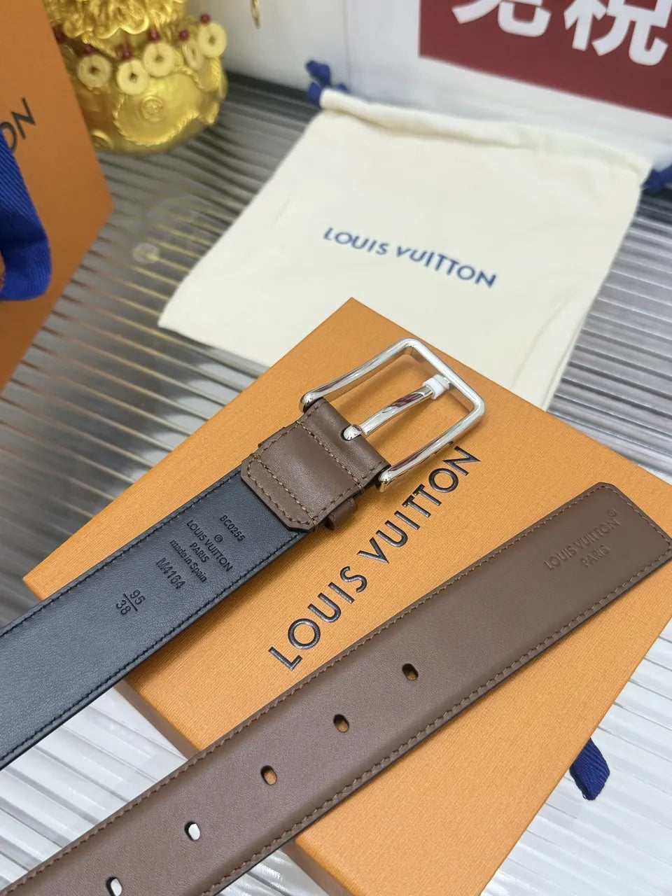 Louis Vuitton Brown Leather Belt silver