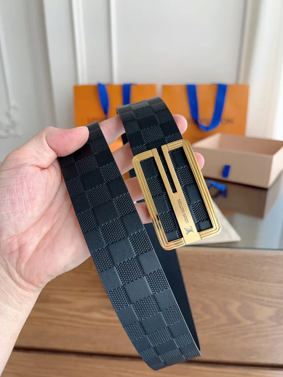 gold Louis Vuitton Damier Infini Black Belt - Hình 6
