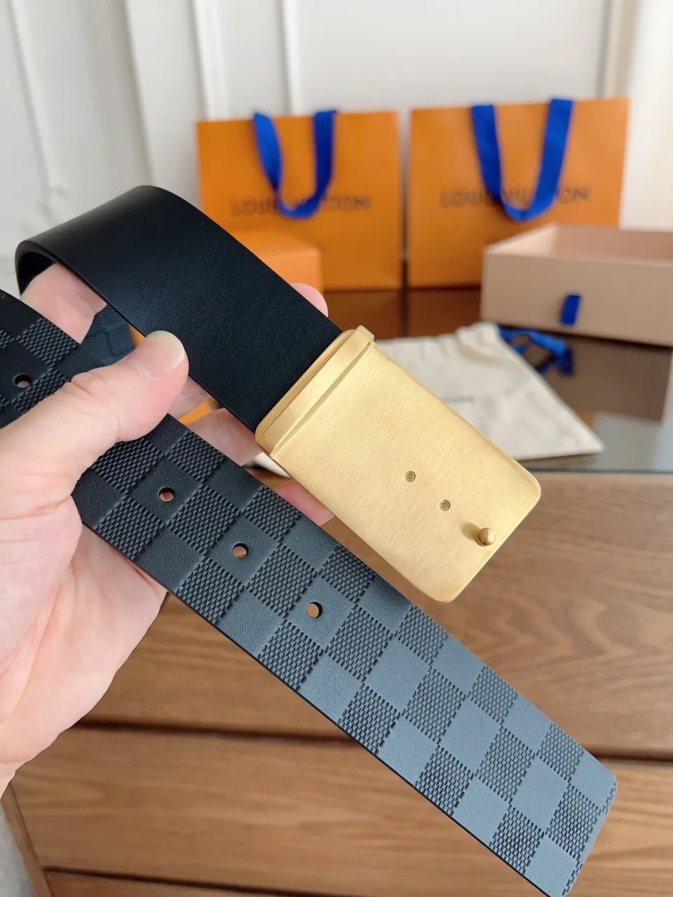 gold Louis Vuitton Damier Infini Black Belt - Hình 7
