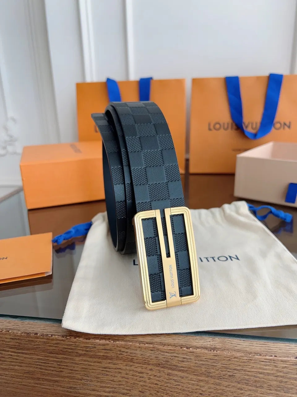 gold Louis Vuitton Damier Infini Black Belt - Hình 8