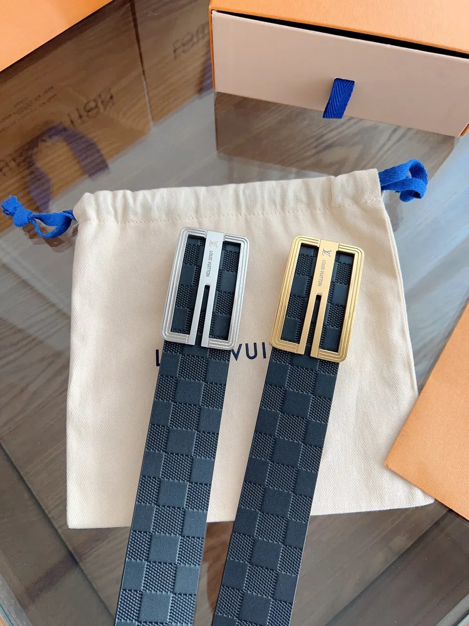 gold Louis Vuitton Damier Infini Black Belt - Hình 9