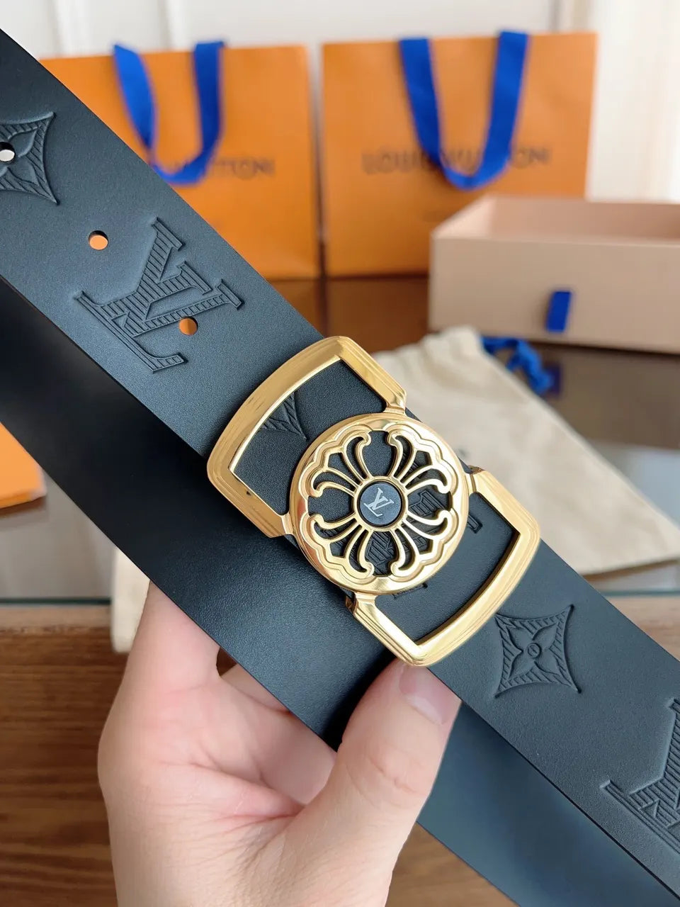 Black Embossed Flower Belt - Hình 3