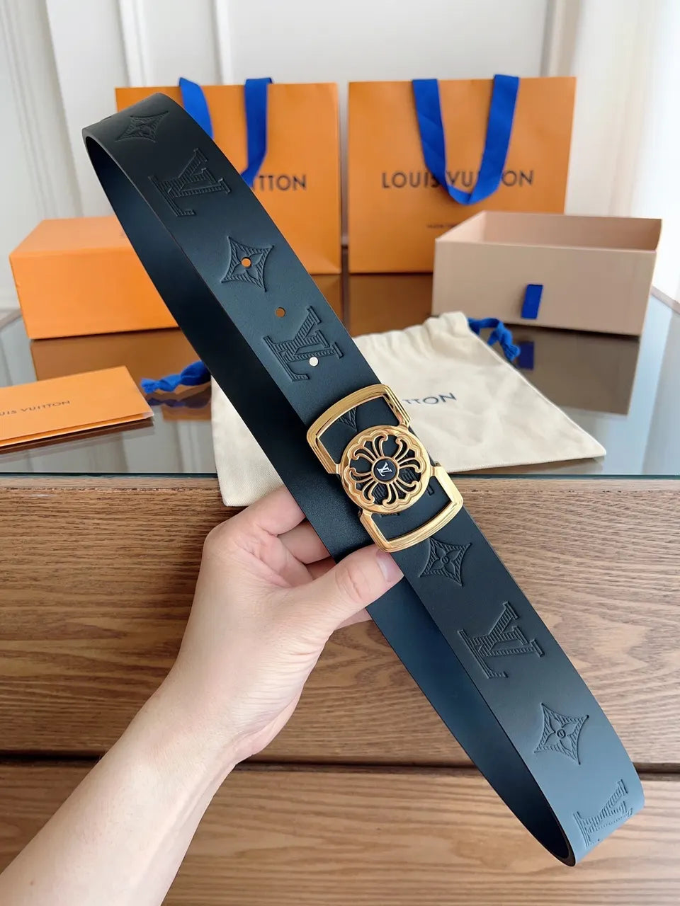 Black Embossed Flower Belt - Hình 5