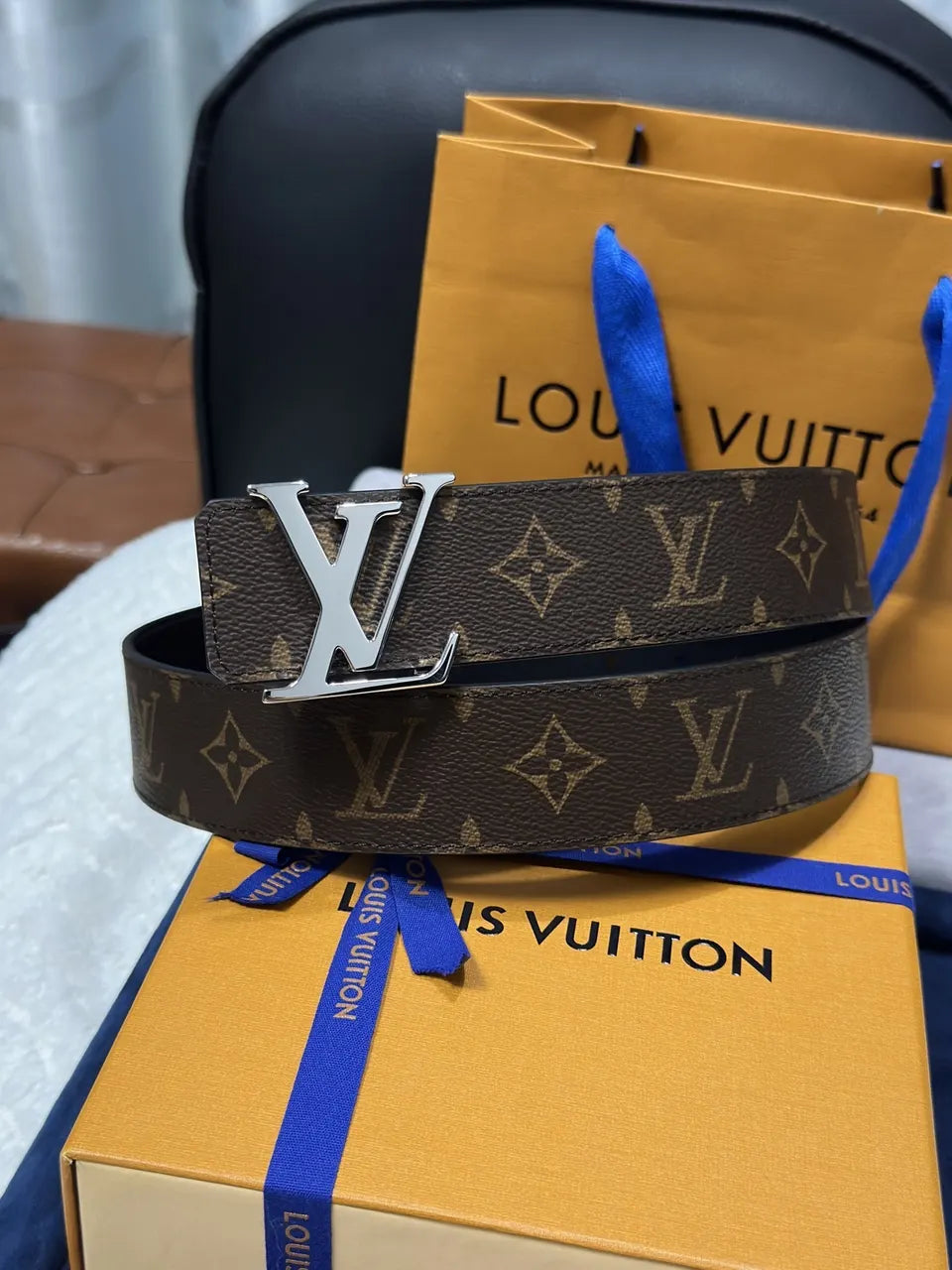 silver Louis Vuitton Brown Monogram Belt