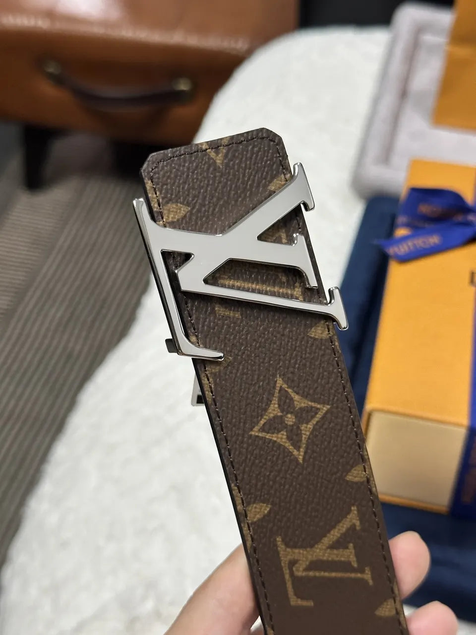 silver Louis Vuitton Brown Monogram Belt - Hình 2