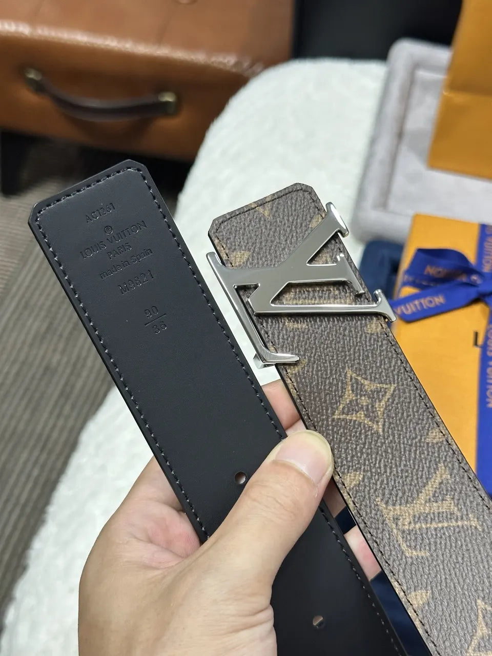 silver Louis Vuitton Brown Monogram Belt - Hình 3