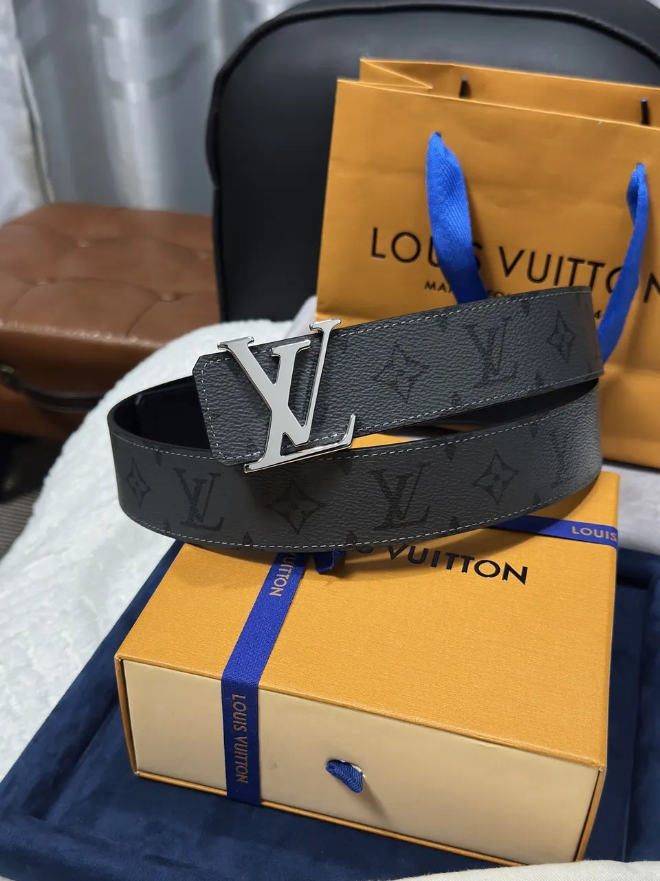 silver lv Louis Vuitton Gray Monogram Belt