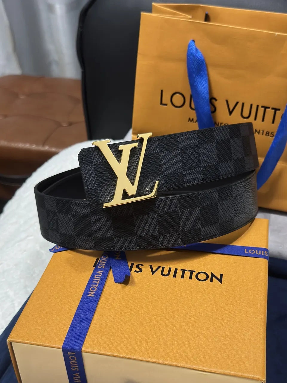 gold lv Louis Vuitton Damier Graphite Belt