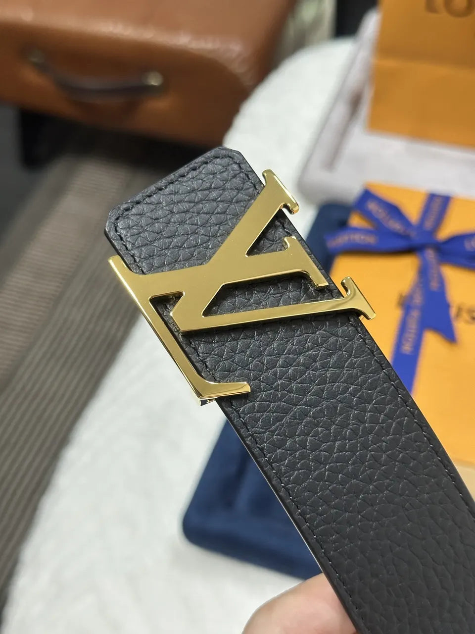 gold Louis Vuitton Black Taurillon Leather Belt - Hình 2