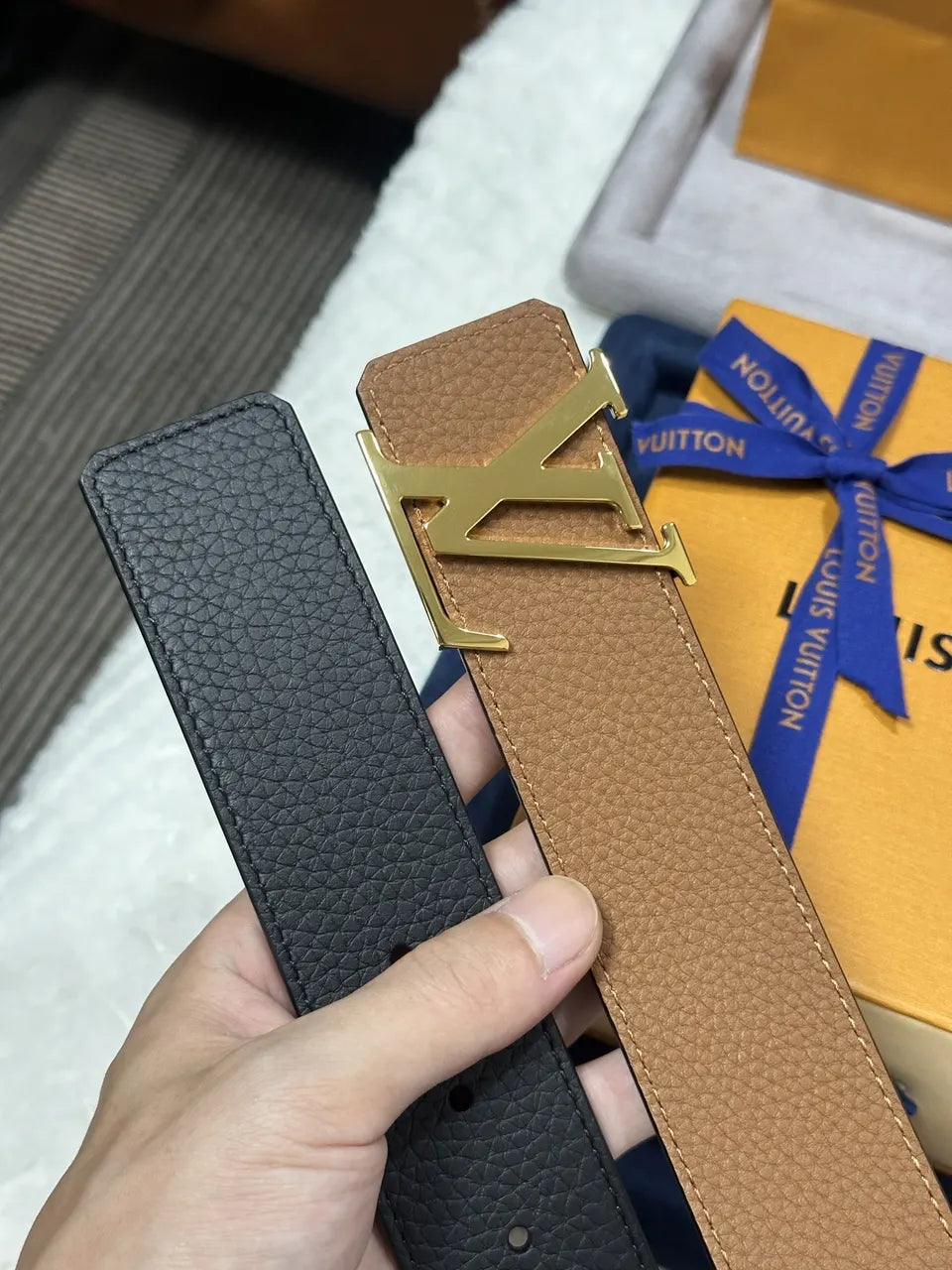 gold Louis Vuitton Black Taurillon Leather Belt - Hình 4
