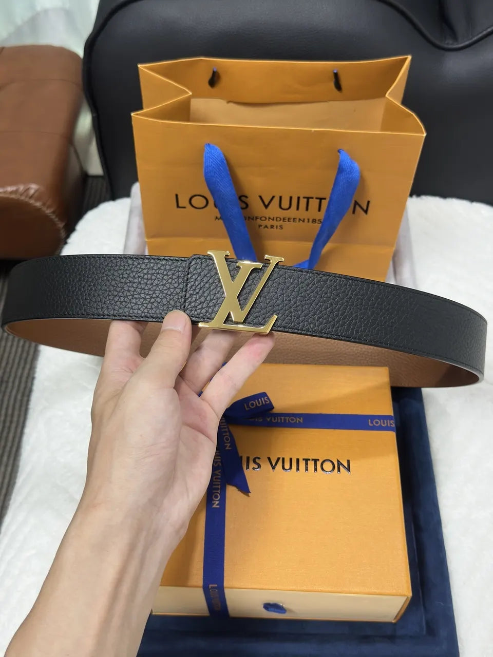 gold Louis Vuitton Black Taurillon Leather Belt - Hình 5