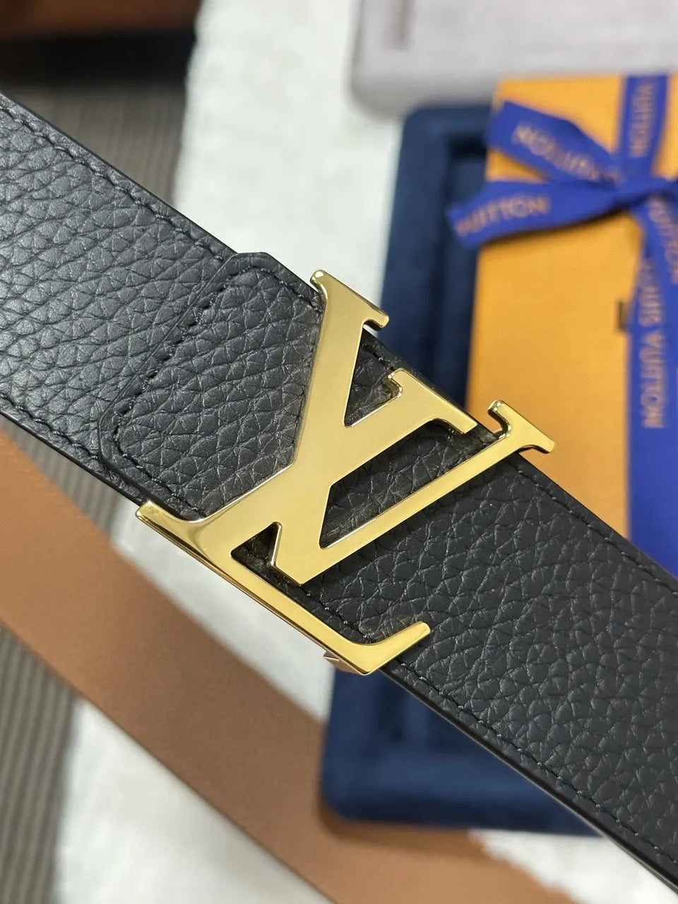 gold Louis Vuitton Black Taurillon Leather Belt - Hình 7