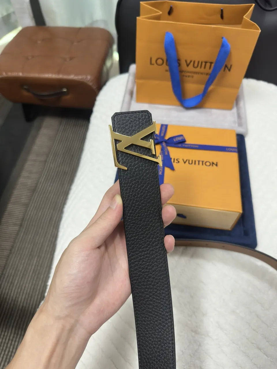 gold Louis Vuitton Black Taurillon Leather Belt - Hình 8