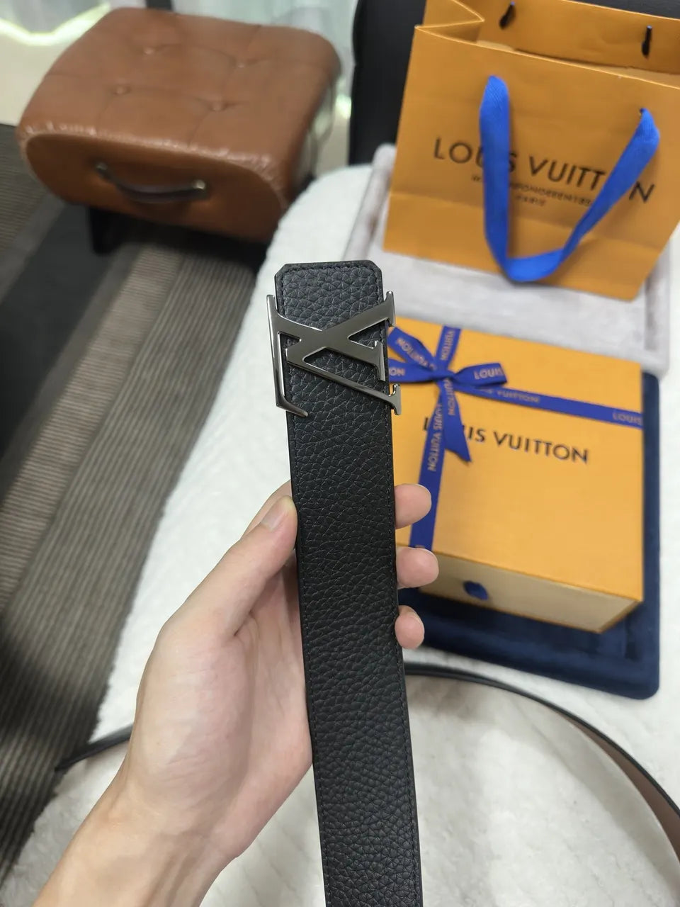 Louis Vuitton Black Taurillon Leather Belt silver - Hình 8