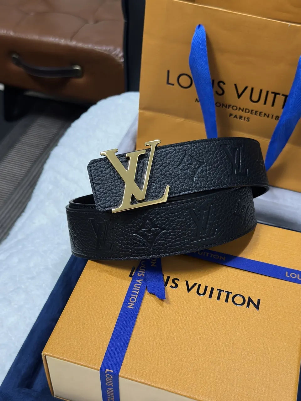 Louis Vuitton Embossed Leather Belt black gold