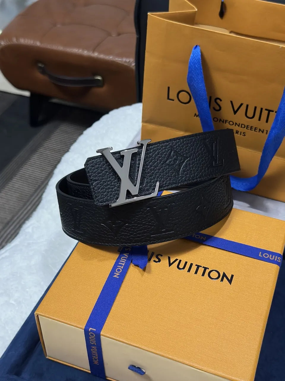 LV Black Embossed Leather Belt silver