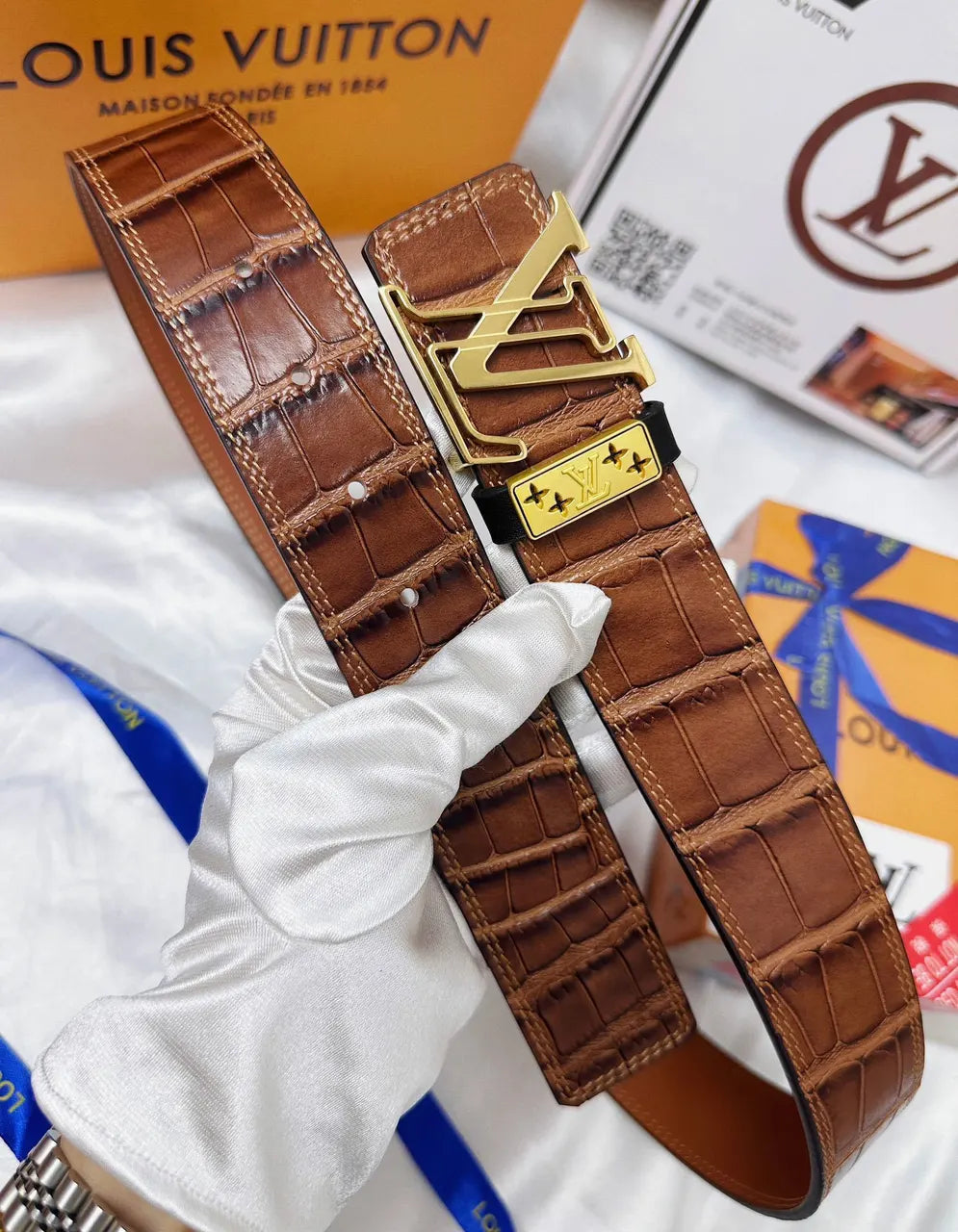Louis Vuitton Brown Crocodile Leather Belt - Hình 2
