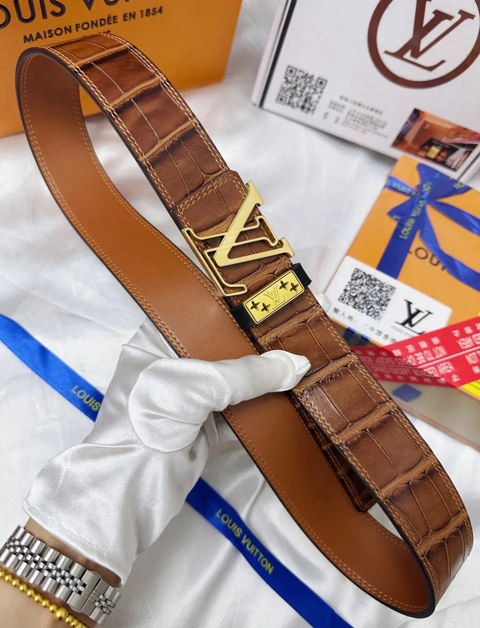 Louis Vuitton Brown Crocodile Leather Belt - Hình 6