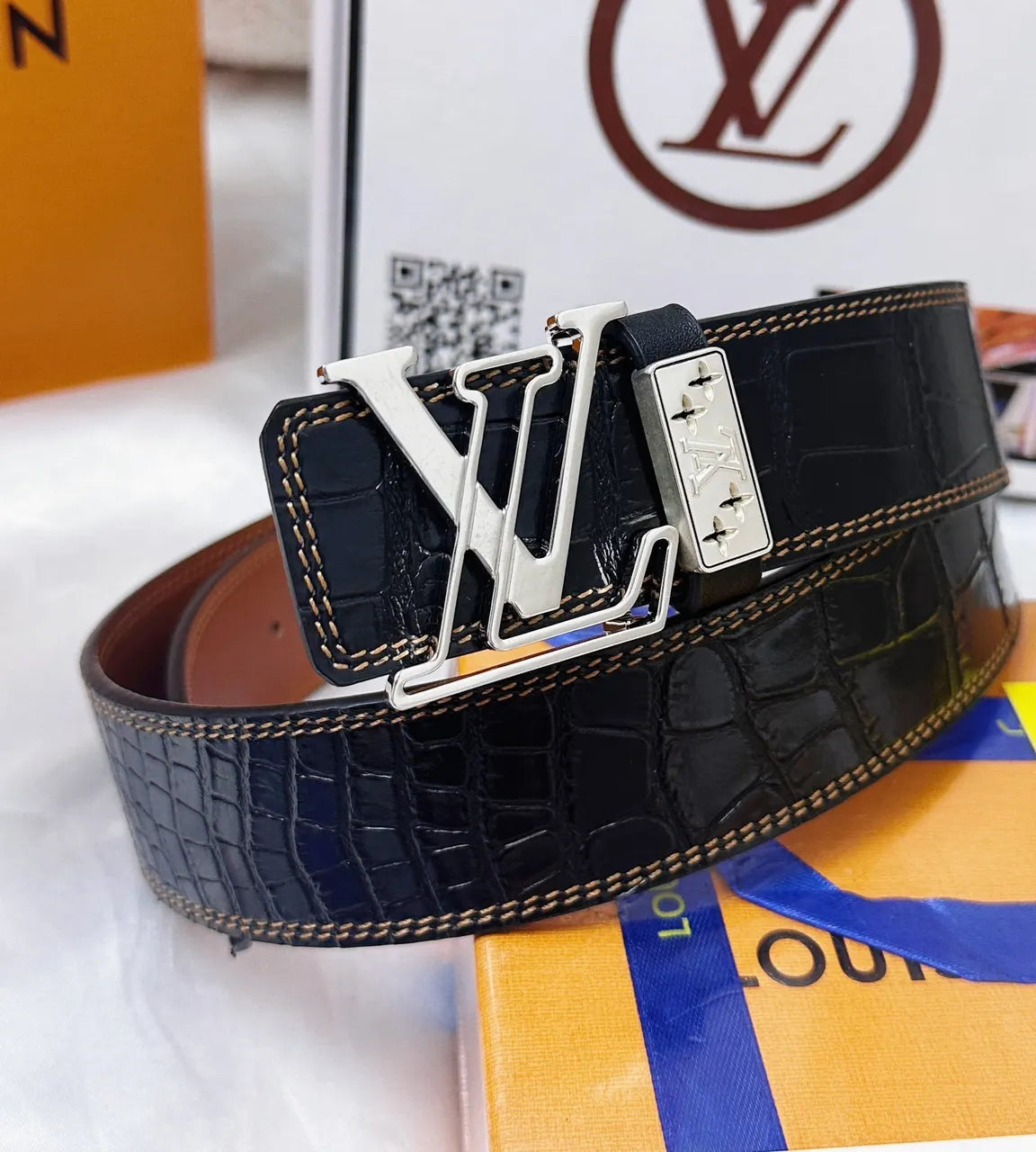 black Louis Vuitton Alligator Belt